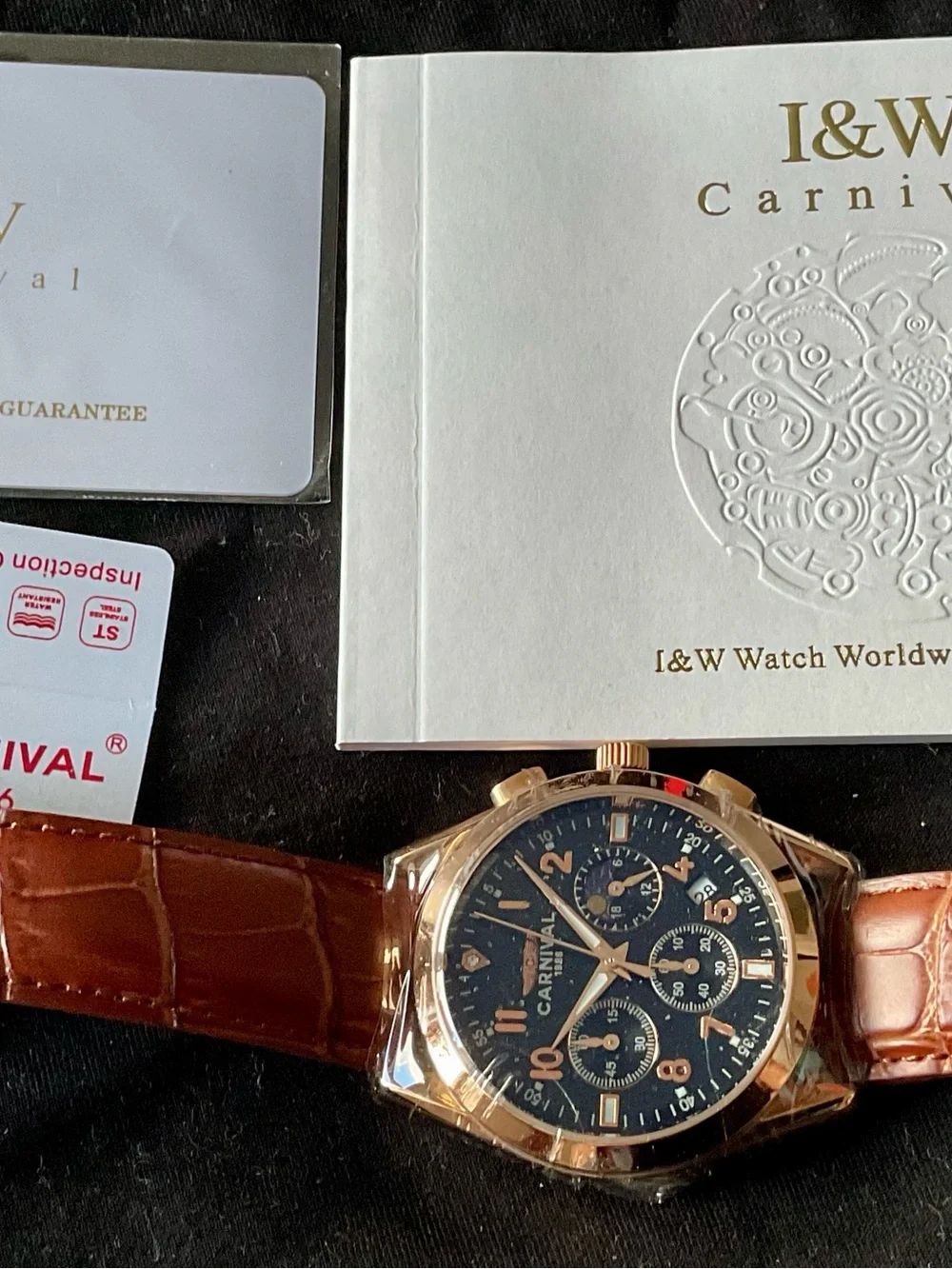NIB I & W Carnival Chronograph MoonPhase Date Gold Tone/Black Watch Full Set